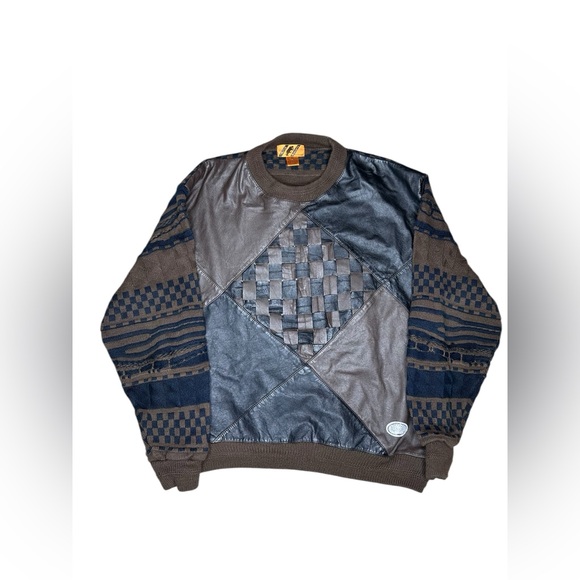Trutus Biancarra Black Brown Checkered Genuine Leather Acrylic Knitted Sweater